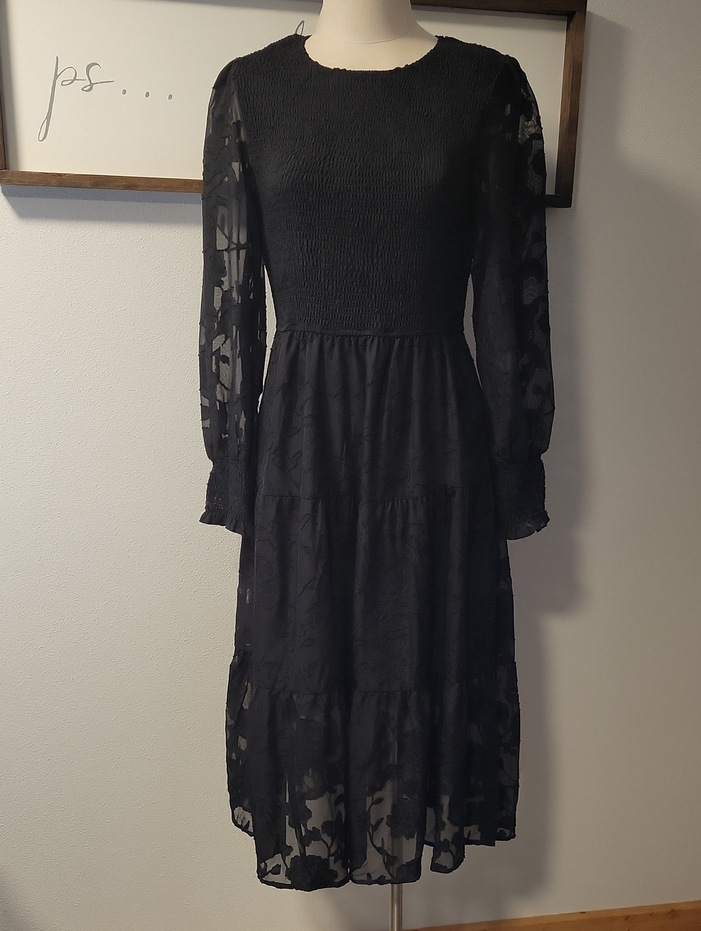 Black Long Sleeve Smocked Midi Dress